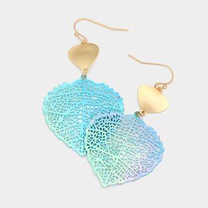 NEW Blue Iridescent Leaf Metal Filigree Dangle Earrings